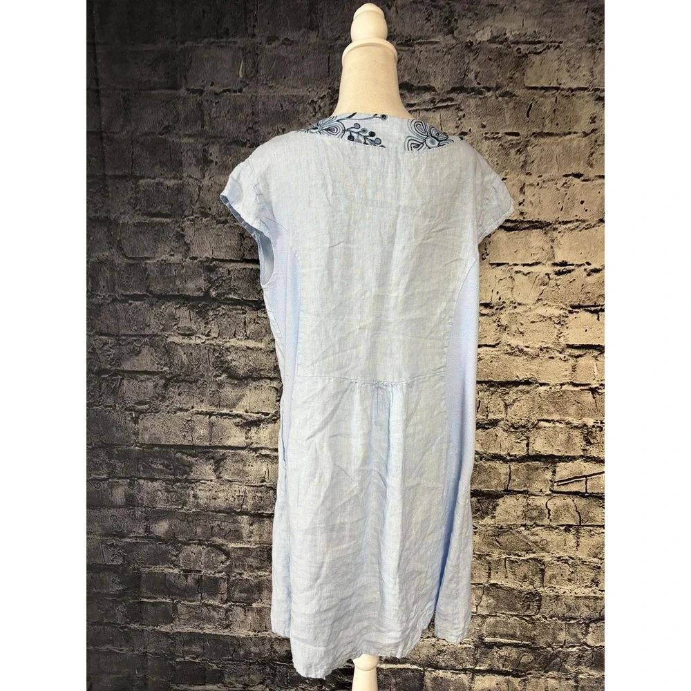 100% Lino Dress Womens Large Blue Embroidered Linen Boho Shift Pockets Italy - Picture 3 of 14